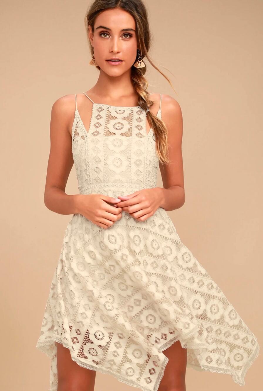 Free People Womens XS Just Like Honey Lace Mini Dress Boho Beige Ivory Beach